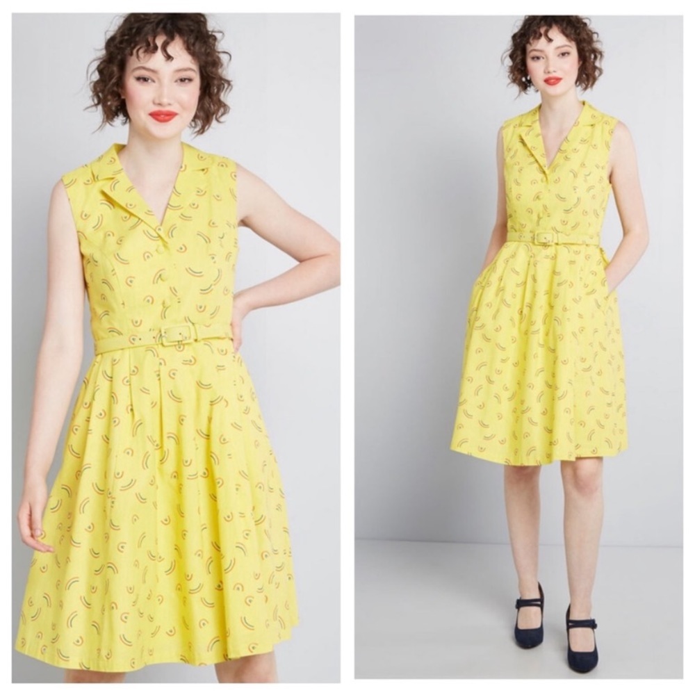 ModCloth yellow rainbow‎ belted shirt dress 00 NWOT